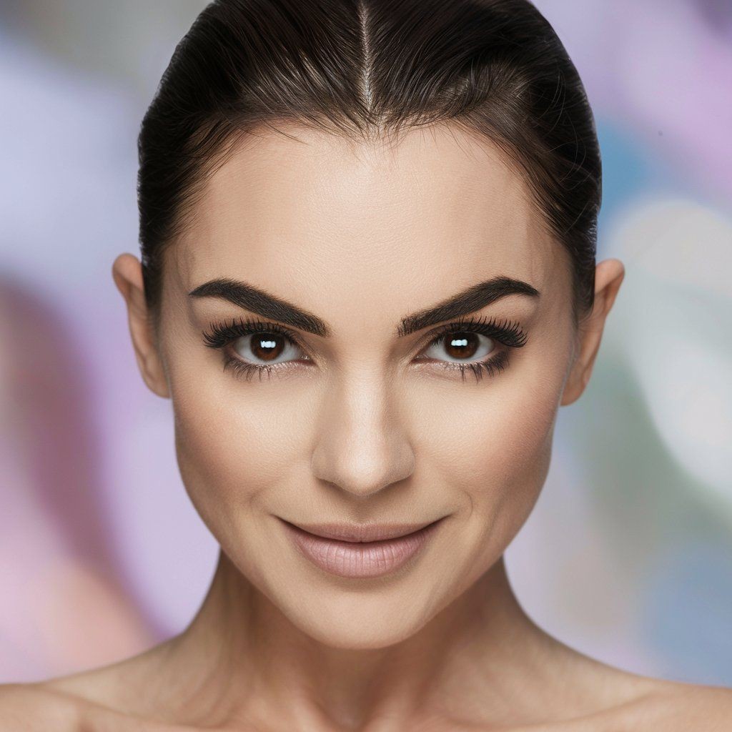 Close-up of a woman with dark hair and defined eyebrows, smiling slightly against a blurred background.