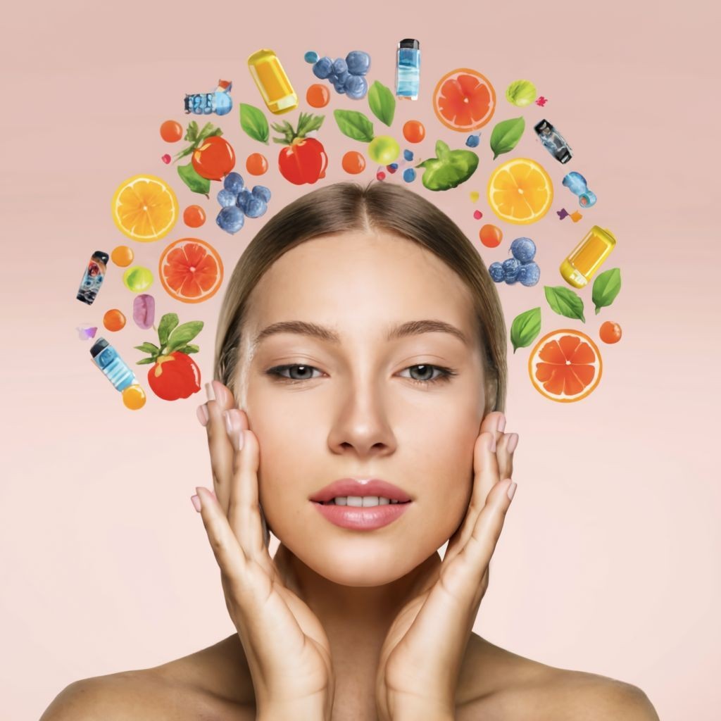 Woman with fresh fruits and cosmetics floating above her head, touching her face with a serene expression.