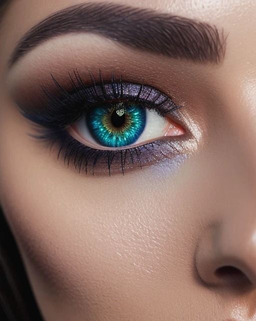 Close-up of a woman's eye with vibrant blue-green iris and detailed makeup.