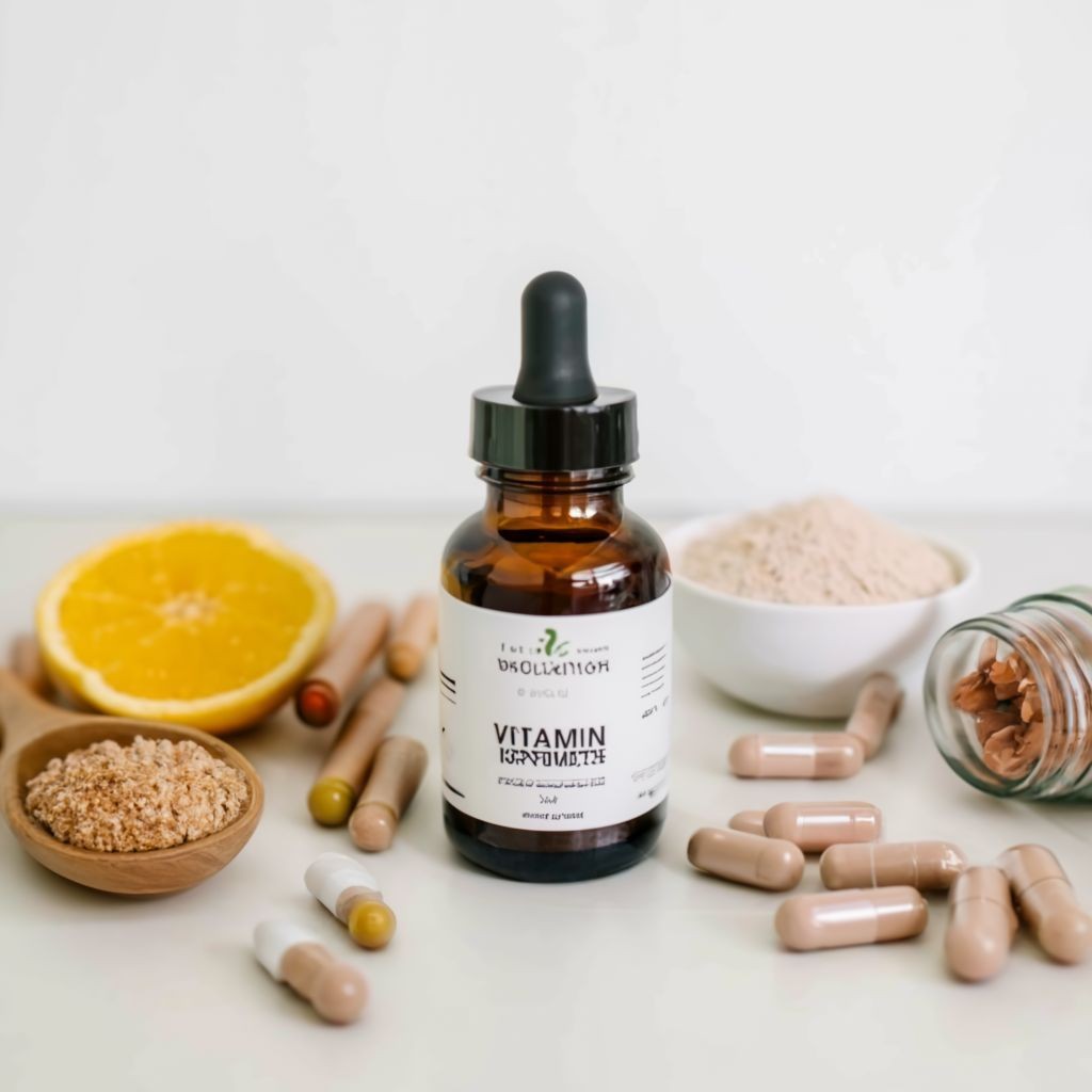 Vitamin supplement bottle with capsules, orange slice, and powder on a white surface.